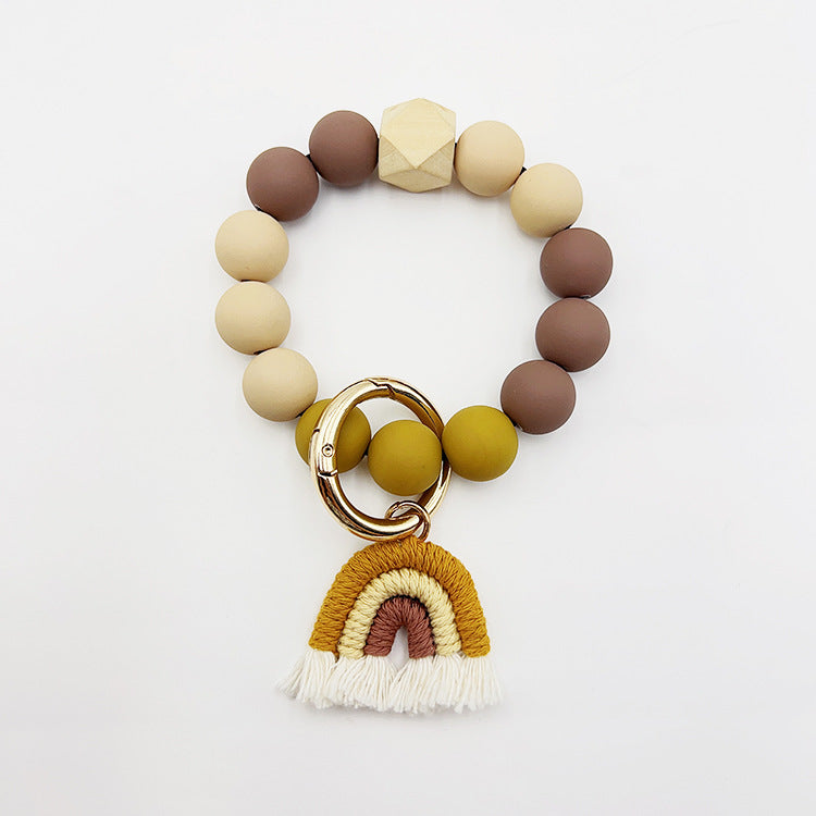 Wholesale Candy Color Silicone Beaded Rainbow Handwoven Tassel Wrist Keychain